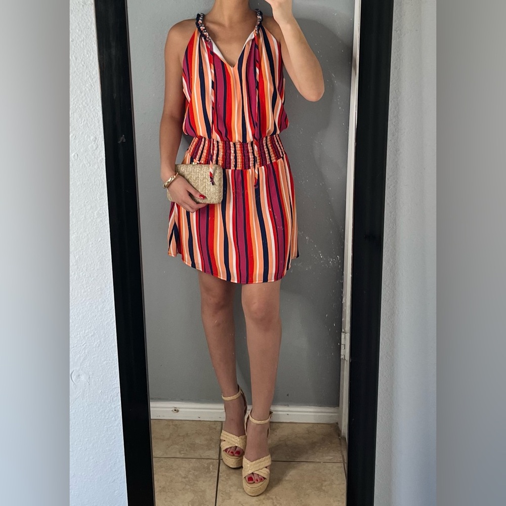 Colorful Striped Smocked Waist Halter Mini Dress S| resortwear brunch vacation